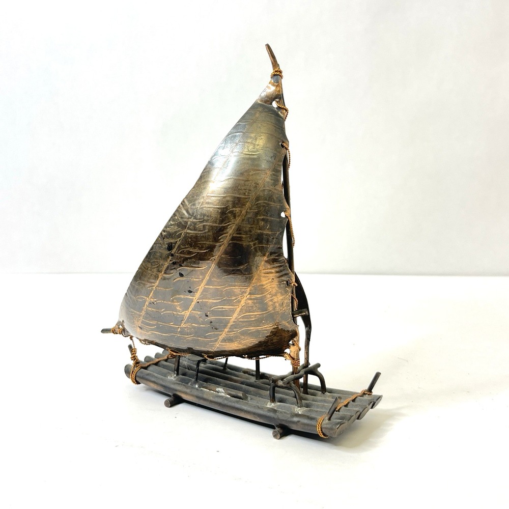 Mid-Century Brass/Copper? Sailboat Ornament on Raft Base Nautical